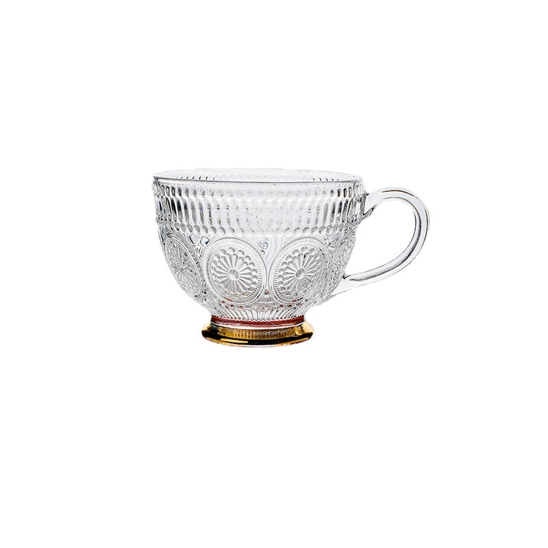 Wheatlife House Relief Golden Trim Glass Water Cup with Handle Household Transparent Breakfast Cup Milk Cup Oatmeal Cup