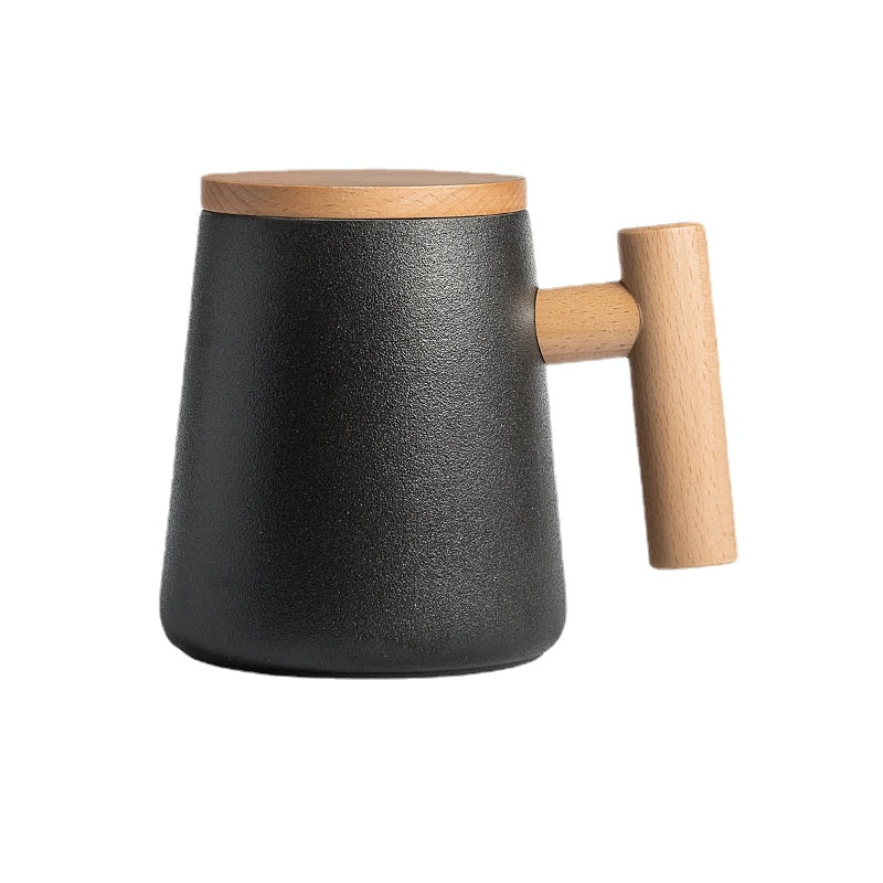 There Is Nothing to Do. Nordic Style Wooden Handle with Lid Personality Simple Frosted Ceramic Water Cup Office Coffee Tea Water Cup