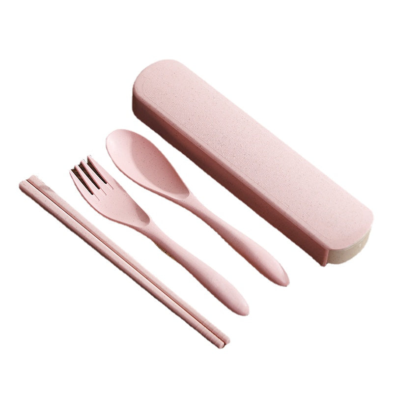 Japanese Wheat Straw Chopsticks Spoon Set Portable Travel Cutlery Box Cute Student Chopsticks Spoon Fork Four-Piece Set