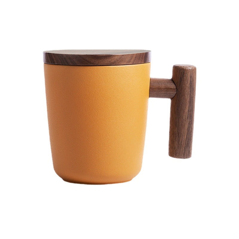 There Is Nothing to Do. Nordic Style Wooden Handle with Lid Personality Simple Frosted Ceramic Water Cup Office Coffee Tea Water Cup