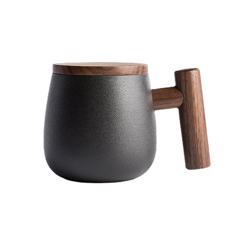 There Is Nothing to Do. Nordic Style Wooden Handle with Lid Personality Simple Frosted Ceramic Water Cup Office Coffee Tea Water Cup