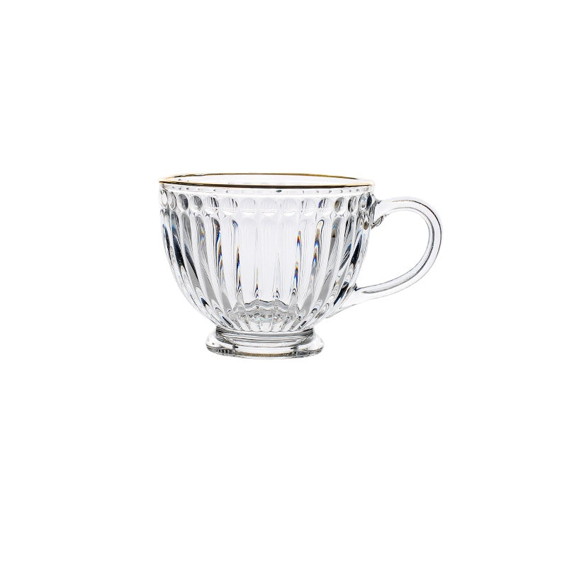 Wheatlife House Relief Golden Trim Glass Water Cup with Handle Household Transparent Breakfast Cup Milk Cup Oatmeal Cup