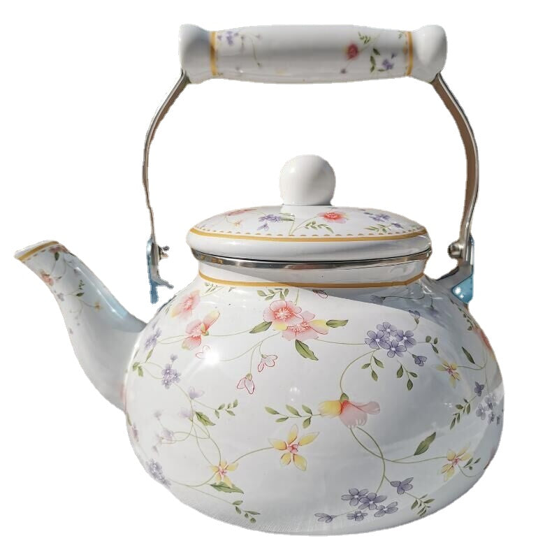 Large Capacity Thickened Enamel Large Water Bottle Milk Tea Pot Flat Pot Enamel Full Flower Induction Cooker Universal Teapot Water Pitcher