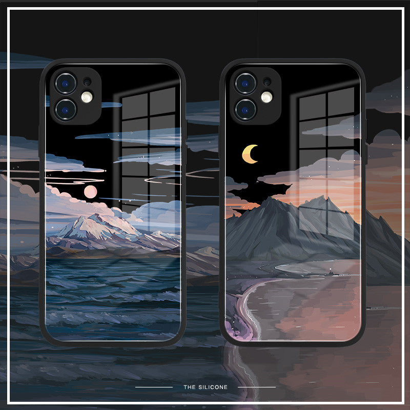 Apple 12promax mobile phone case sunset scenery iphone11 liquid glass xsmax simple couple