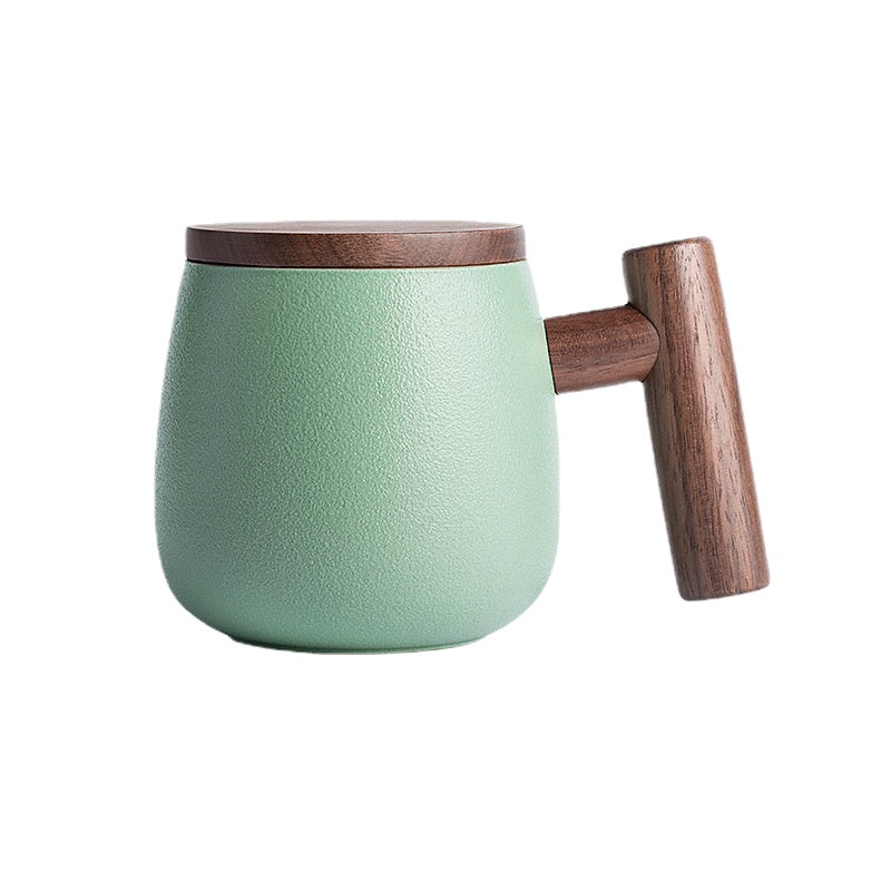 There Is Nothing to Do. Nordic Style Wooden Handle with Lid Personality Simple Frosted Ceramic Water Cup Office Coffee Tea Water Cup