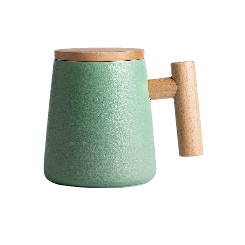 There Is Nothing to Do. Nordic Style Wooden Handle with Lid Personality Simple Frosted Ceramic Water Cup Office Coffee Tea Water Cup