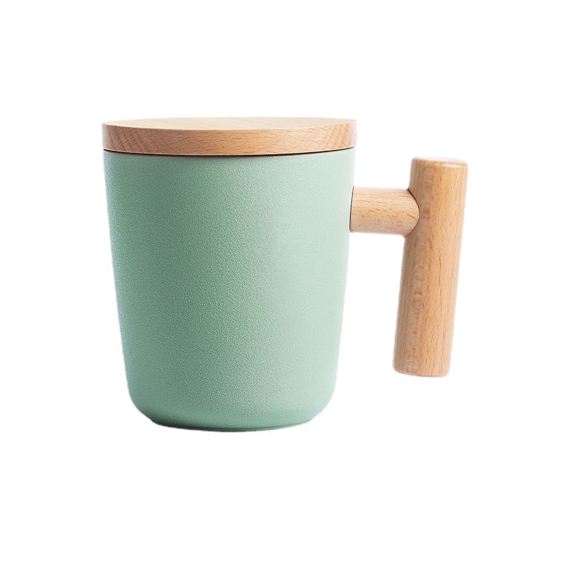 There Is Nothing to Do. Nordic Style Wooden Handle with Lid Personality Simple Frosted Ceramic Water Cup Office Coffee Tea Water Cup