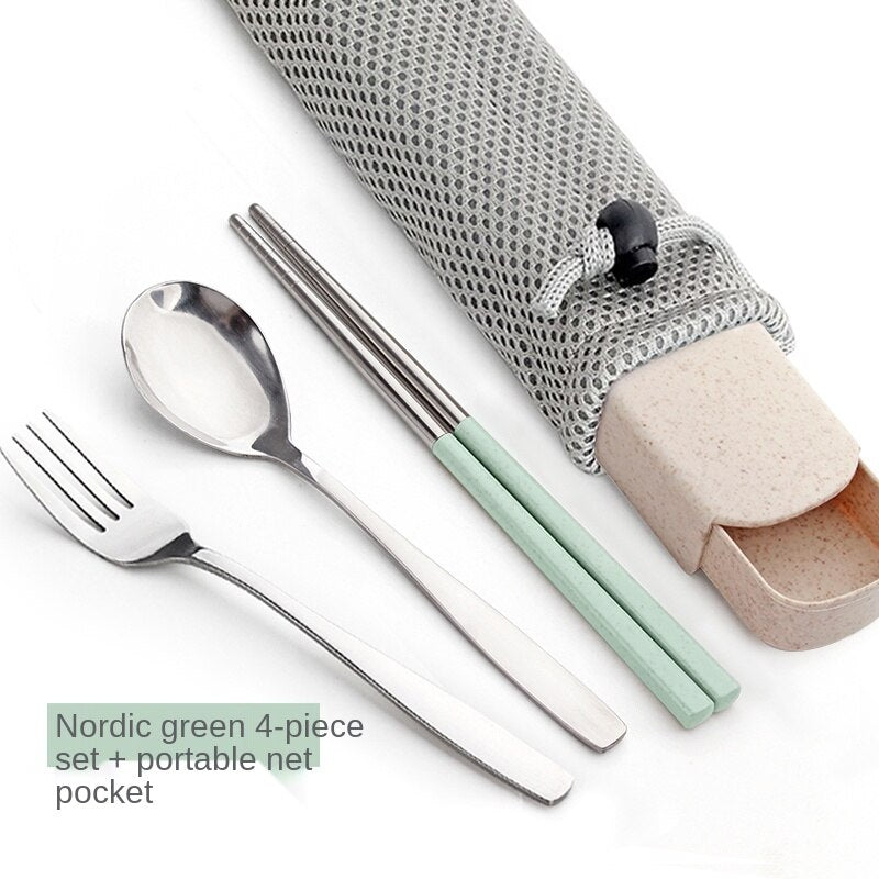 Single Cute Stainless Steel Portable Tableware Set Chopsticks Portable Three-Piece Fork Spoon Chopsticks Box Student