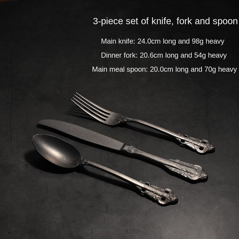 European-Style Retro Distressed Carved Steak Knife and Fork Set High-End Western Tableware Coffee Spoon 18-10 Matte Low Luxury