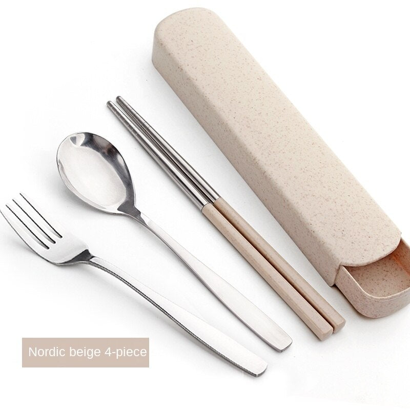 Single Cute Stainless Steel Portable Tableware Set Chopsticks Portable Three-Piece Fork Spoon Chopsticks Box Student