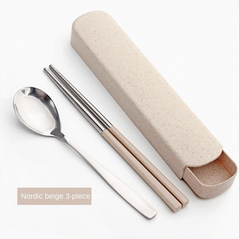 Single Cute Stainless Steel Portable Tableware Set Chopsticks Portable Three-Piece Fork Spoon Chopsticks Box Student