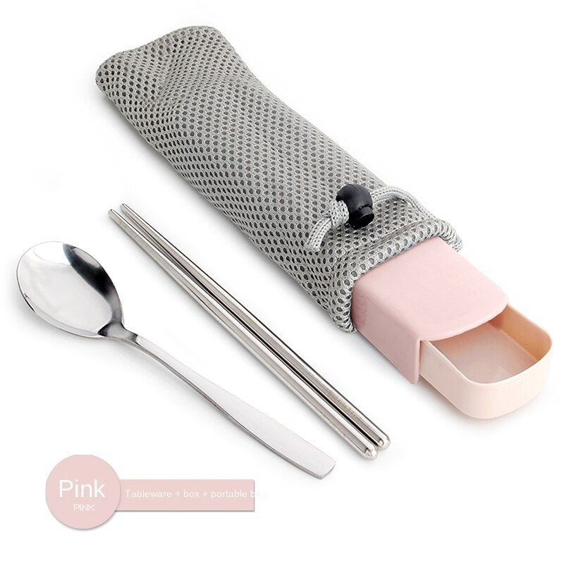 Single Cute Stainless Steel Portable Tableware Set Chopsticks Portable Three-Piece Fork Spoon Chopsticks Box Student