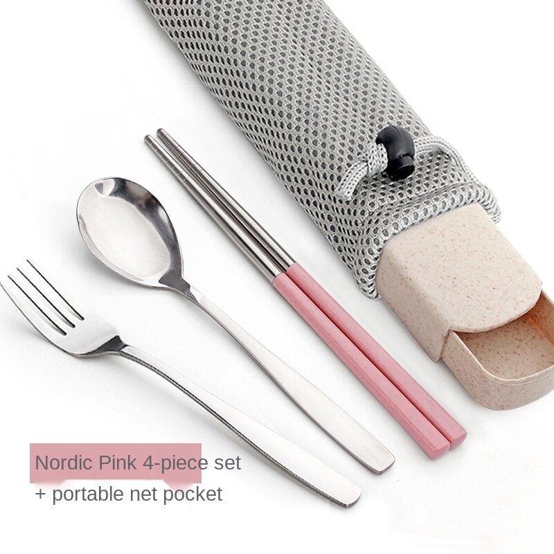 Single Cute Stainless Steel Portable Tableware Set Chopsticks Portable Three-Piece Fork Spoon Chopsticks Box Student