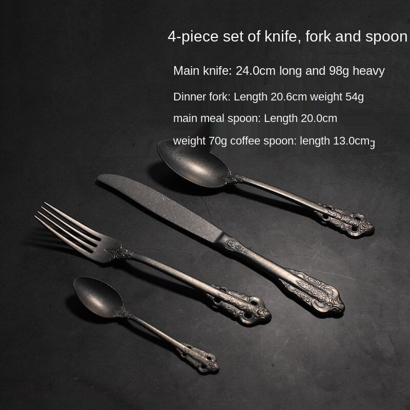 European-Style Retro Distressed Carved Steak Knife and Fork Set High-End Western Tableware Coffee Spoon 18-10 Matte Low Luxury