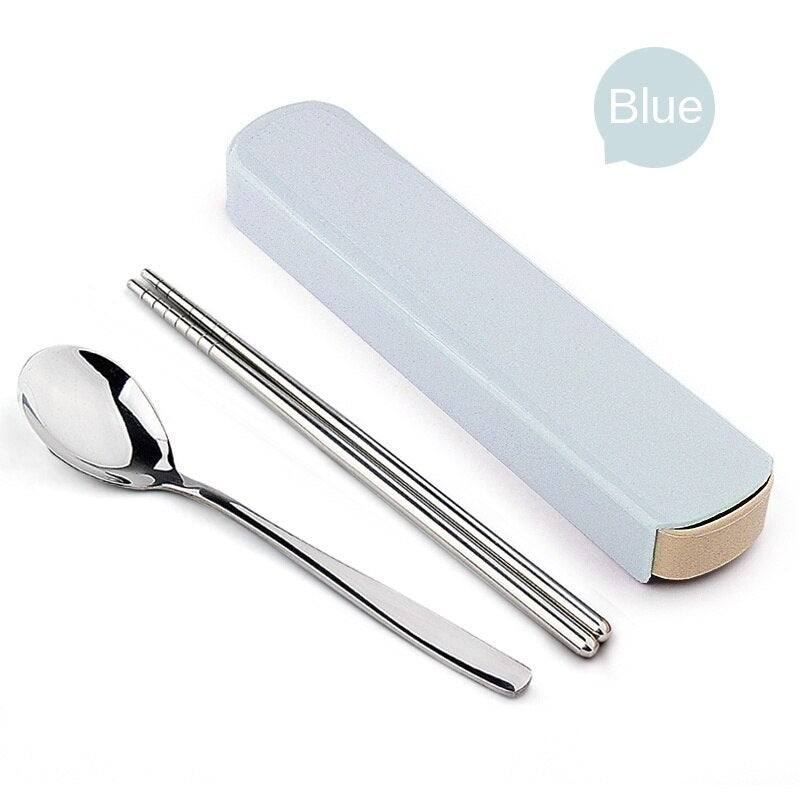 Single Cute Stainless Steel Portable Tableware Set Chopsticks Portable Three-Piece Fork Spoon Chopsticks Box Student