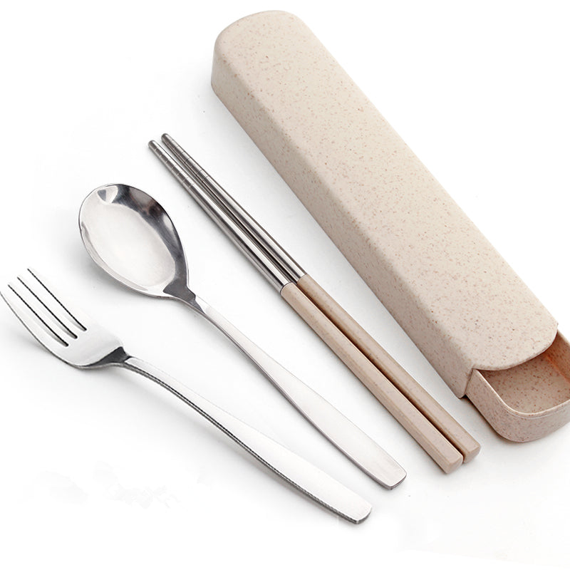 Single Cute Stainless Steel Portable Tableware Set Chopsticks Portable Three-Piece Fork Spoon Chopsticks Box Student