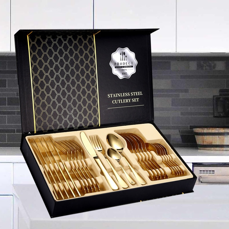 Customized European-Style Stainless Steel Western Food Tableware Set Ins Steak Knife, Fork and Spoon Spoon Export Full Set Gift Box 24-Piece Set