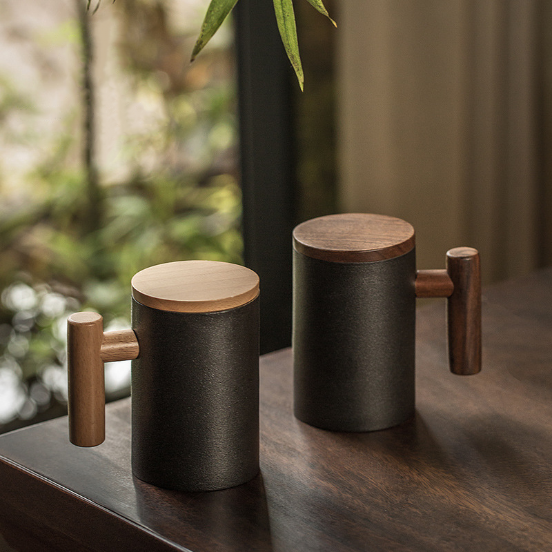 There Is Nothing to Do. Nordic Style Wooden Handle with Lid Personality Simple Frosted Ceramic Water Cup Office Coffee Tea Water Cup