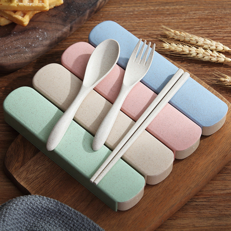 Japanese Wheat Straw Chopsticks Spoon Set Portable Travel Cutlery Box Cute Student Chopsticks Spoon Fork Four-Piece Set