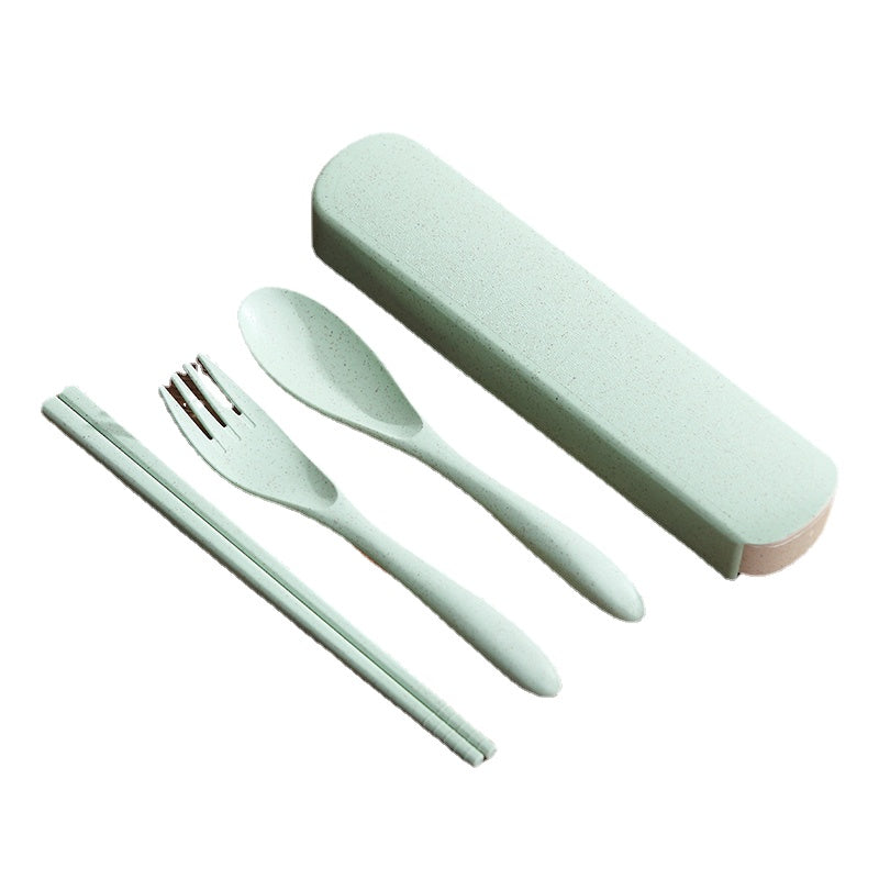 Japanese Wheat Straw Chopsticks Spoon Set Portable Travel Cutlery Box Cute Student Chopsticks Spoon Fork Four-Piece Set