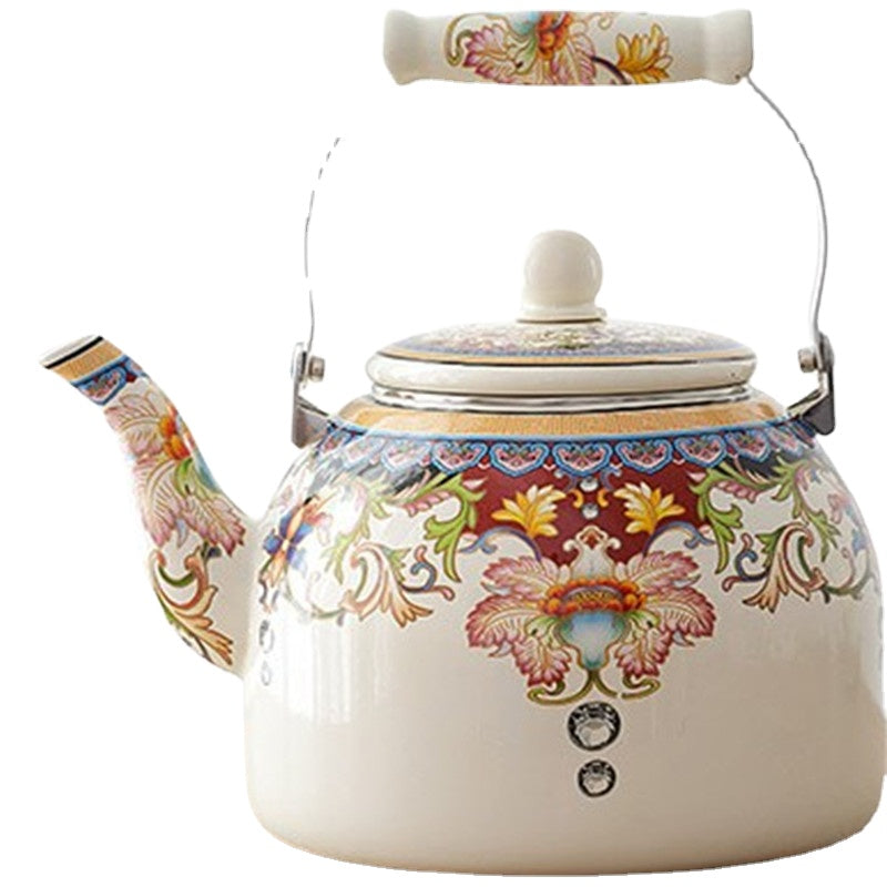 Large Capacity Thickened Enamel Large Water Bottle Milk Tea Pot Flat Pot Enamel Full Flower Induction Cooker Universal Teapot Water Pitcher