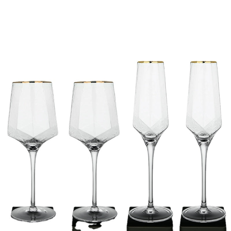 Wine Glass Hammered Golden Edge Diamond-Shaped Champagne Glass Lead-Free Glass Cup European Retro Goblet Wine Glass