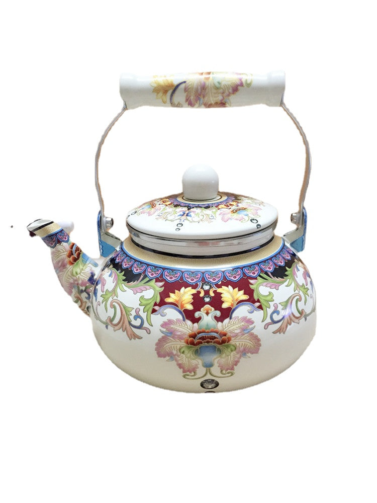 Large Capacity Thickened Enamel Large Water Bottle Milk Tea Pot Flat Pot Enamel Full Flower Induction Cooker Universal Teapot Water Pitcher