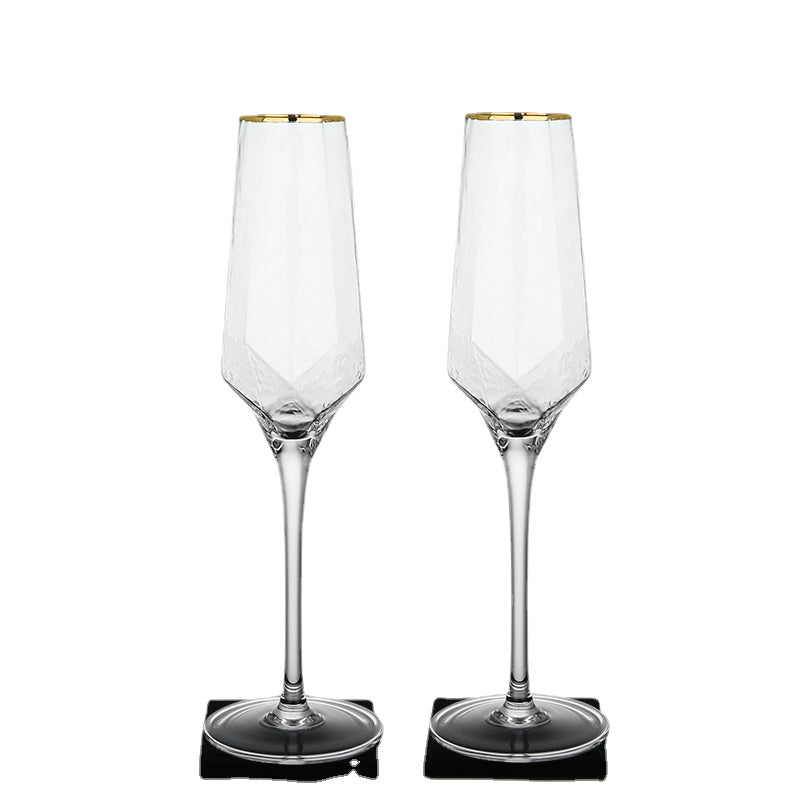 Wine Glass Hammered Golden Edge Diamond-Shaped Champagne Glass Lead-Free Glass Cup European Retro Goblet Wine Glass