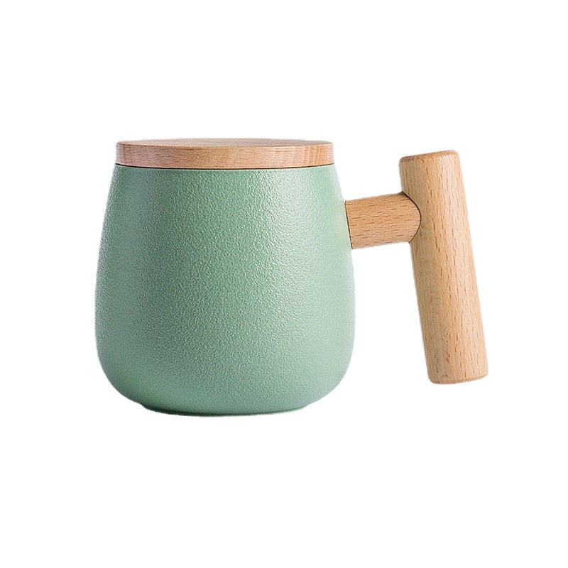 There Is Nothing to Do. Nordic Style Wooden Handle with Lid Personality Simple Frosted Ceramic Water Cup Office Coffee Tea Water Cup