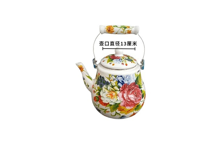 Large Capacity Thickened Enamel Large Water Bottle Milk Tea Pot Flat Pot Enamel Full Flower Induction Cooker Universal Teapot Water Pitcher