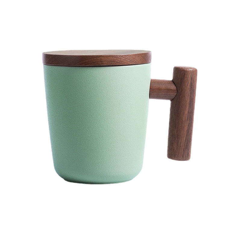 There Is Nothing to Do. Nordic Style Wooden Handle with Lid Personality Simple Frosted Ceramic Water Cup Office Coffee Tea Water Cup