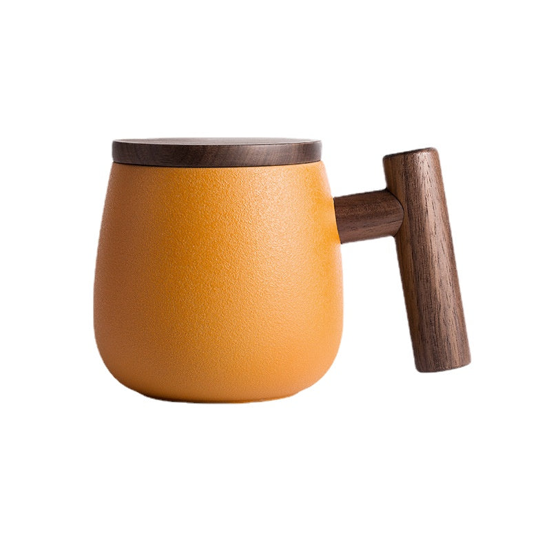 There Is Nothing to Do. Nordic Style Wooden Handle with Lid Personality Simple Frosted Ceramic Water Cup Office Coffee Tea Water Cup