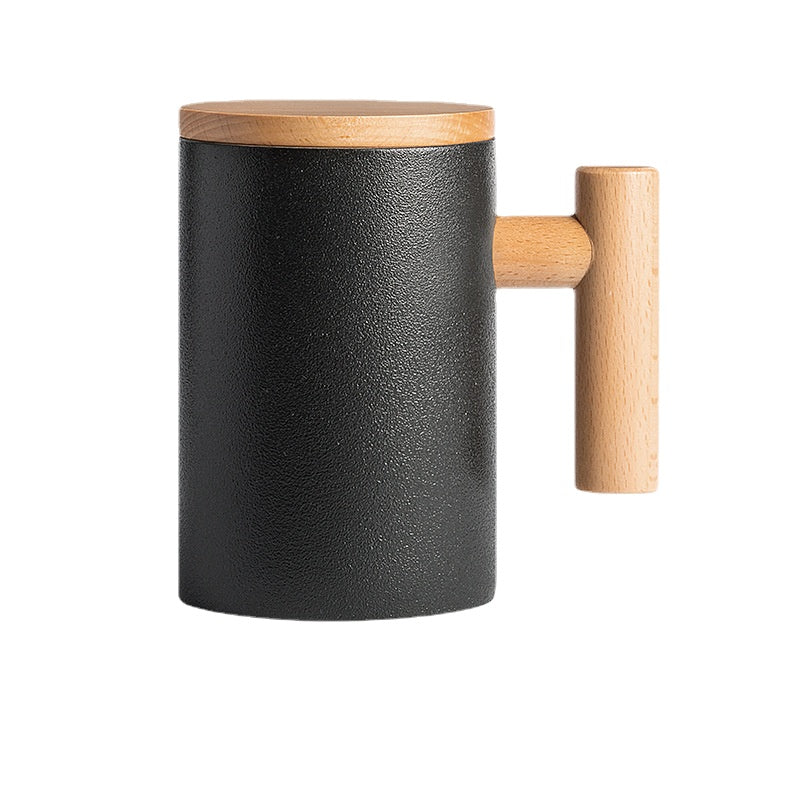 There Is Nothing to Do. Nordic Style Wooden Handle with Lid Personality Simple Frosted Ceramic Water Cup Office Coffee Tea Water Cup